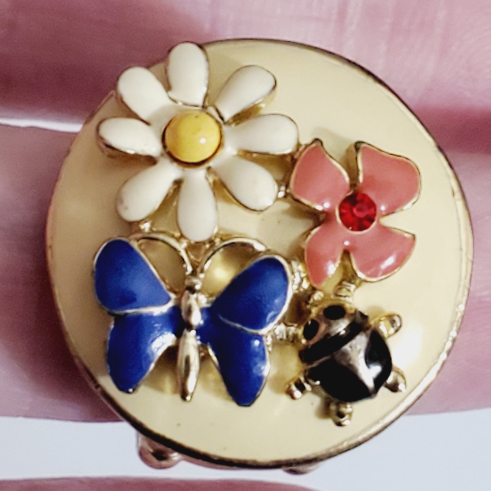 Vintage enamel butterfly flower ladybug ring stretch gold 3D STUNNING - Picture 9 of 12
